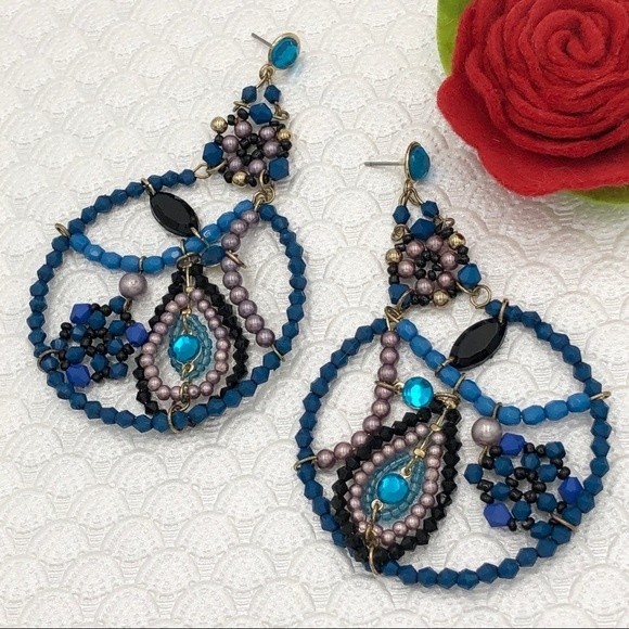🌼 Large Statement Blue Beaded Statement Paisley Drop Earrings - Picture 1 of 3